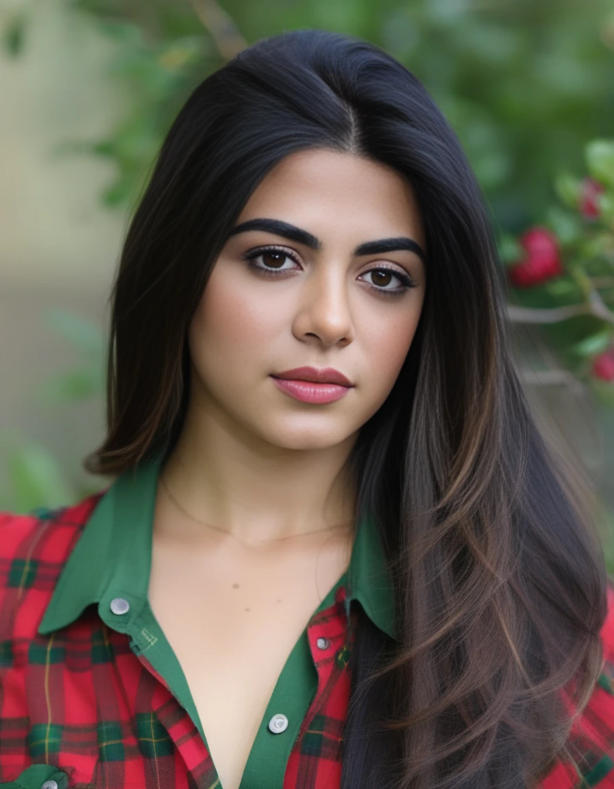 EmeraudeToubia,<lora:EmeraudeToubiaSDXL:1>,A portrait of a young beautiful girl, natural complexion soft skin, under cut hair style, highly details, slim-with-curves, green-red Tartan  shirt, outdoor setting, establishing shot