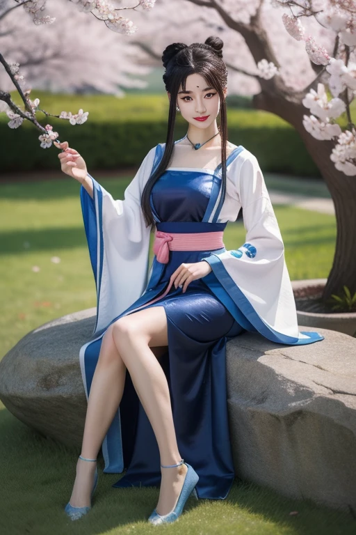 ltra-detailed,highly detailed,best quality,masterpiece,illustration,realistic,photorealistic,
liumengli, 1girl, solo, smile, forehead mark,
hanfu, chinese clothes, china dress, wide sleeves, long sleeves, blue dress, long skirt, sash, hair ornament, jewelry, shoes,
black hair, long hair, hair bun, single hair bun,
sitting on rock,full body, looking at viewer,
tree, outdoors, cherry blossoms, photo background, branch, day, grass, flower, petals,
<lora:liumengli_v2_03:0.7>