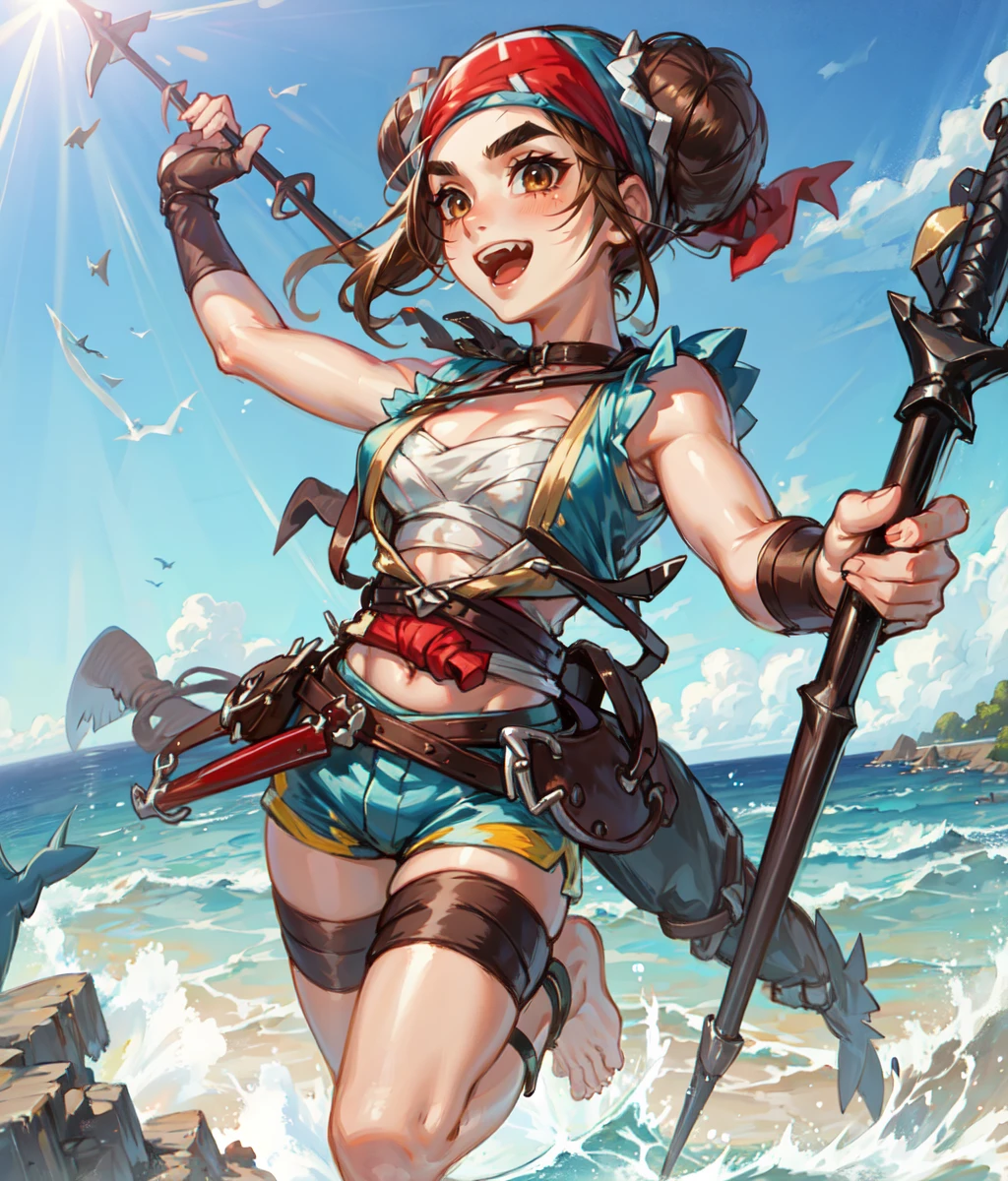 masterpiece, high res, detailed face, detailed eyes, 1 girl, solo, big smile, open mouth, brown hair, brown eyes. thick eyebrows, medium breasts, blue vest, black tigh shorts, chest bandages, bandana, hair sidebuns, anklet, red obi, outdoors, sea, boat, holding arpoon. ((sharks)), full body, <lora:Lun:0.9>
