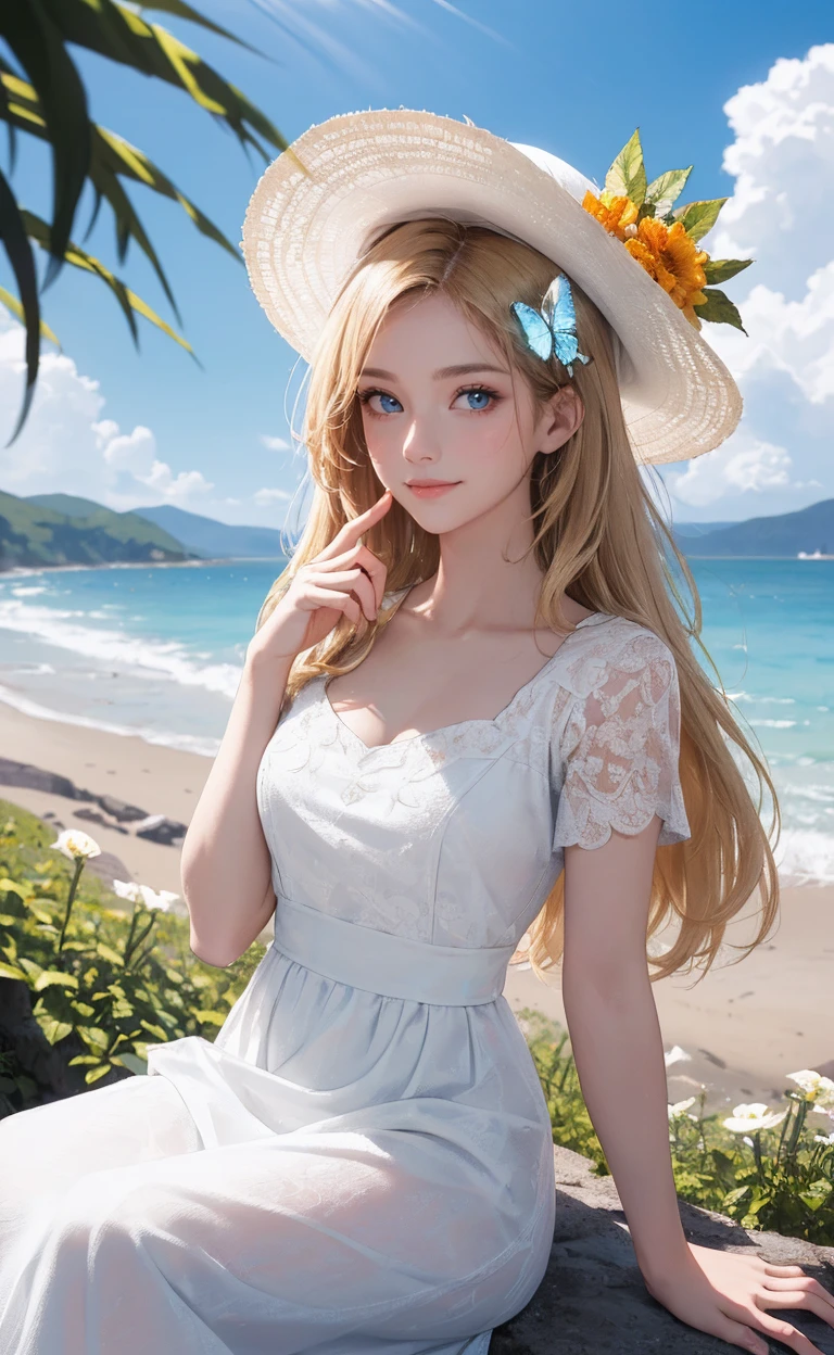 Sunset, beautiful vintage color, neon lighting of the bar nearby, ultra high, resolution shapeness, (photorealistic:1.4), 1 girl cute, beach, blue sky, full body, dynamic posing, (silver long hair), ((puffy eyes)), looking at viewer, happy, full body (8k, RAW photo, best quality, masterpiece:1.2), (realistic, photo-realistic:1.37),(sharp focus:1.2), professional lighting, photon mapping, radiosity, physically-based rendering, close up shoot, (yellow sleeveless long dress :1.2) sun hat, (close-up:0.9), (pale skin:1.2) <lora:wlopStyleLora_30Epochs:0.2> <lora:koreanDollLikeness_v10:0.3> <lora:koreanDollLikeness_v15:0.2>