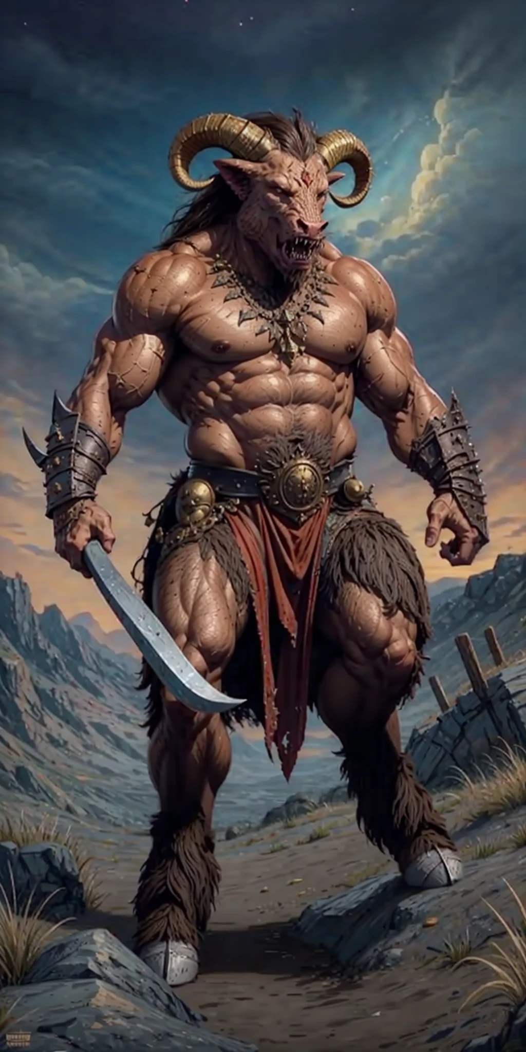 (male), ((masterpiece illustration))):2.5,(((full body portrait))):1.5,(((view from front))):3, (dutch angle):2.5 lineart,fine-details,flat-colors,depth,warm colors, masterpiece, highest quality, 4k, 8k, 16k, ultra high-res, raw photo in hdr, sharp focus, hyper realistic, lifelike texture, intricate face, intricate eyes, skin imperfections, high contrast, subsurface scattering, f2, depth of field, film grain, detailed face, detailed skin, detailed eyes, detailed makeup, best quality, highly detailed, masterpiece, ultra-detailed, illustration, high contrast, (secret:0.9), Canon EOS in natural style photography, BREAK, w4rhammerbeastmen, 1boy, masculine, teeth, horns, fur, muscular, fangs, hooves, animal features, horror, ferocious, standing in a field)BREAK, (standing), BREAK, empty background, blank background, BREAK, <lora:epi_noiseoffset2:.4><lora:Elixir:.7> <lora:ReaLora:.7> <lora:add_detail:.6><lora:LowRA:.3> <lora:Warhammerbeastmen-10:1>