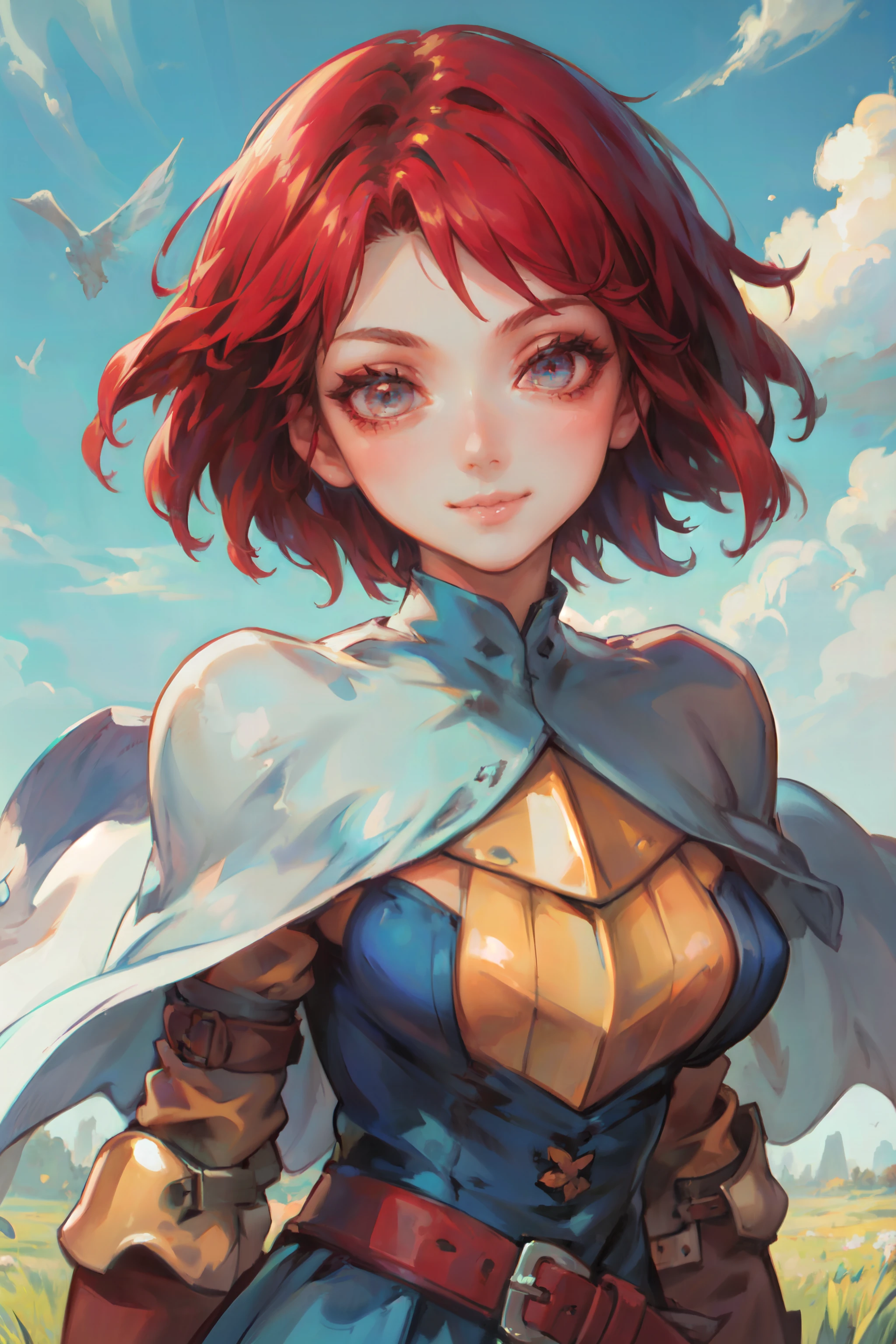 (masterpiece, best quality, ultra detailed, beautiful illustration), atmospheric perspective, depth of field, looking at viewer, beautiful detailed eyes, anime eyes:1.4, (portrait, close-up:1.4), action pose, dynamic angle, (outdoors, grasslands, blue sky, hair fluttering in the wind), 1girl, smile, (large breasts), <lora:FinalFantasy_FemaleKnight:1>, KnightFFT, short hair, mohawk, red hair, red eyes, cape, armor, blue dress, belt, gloves, boots,
