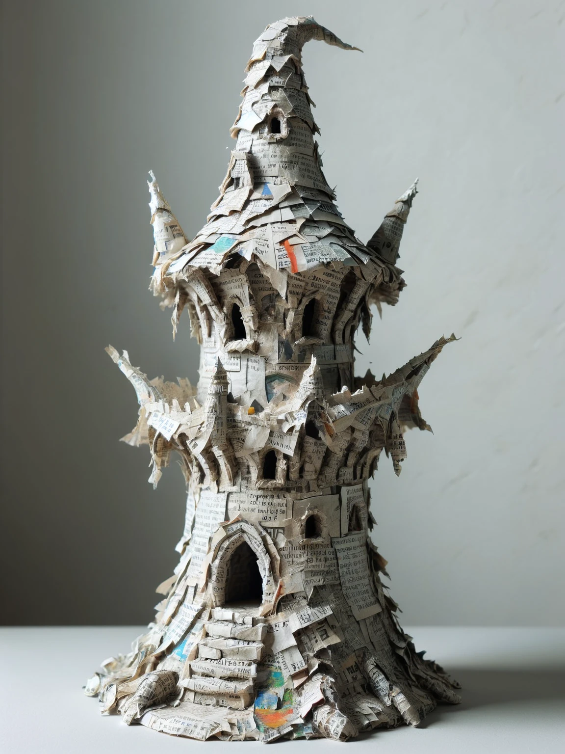 ais-papiermache wizard's tower, standing tall in a mystical world, its walls a testament to paper artistry <lora:Papier_Mache_Style_SDXL:1>