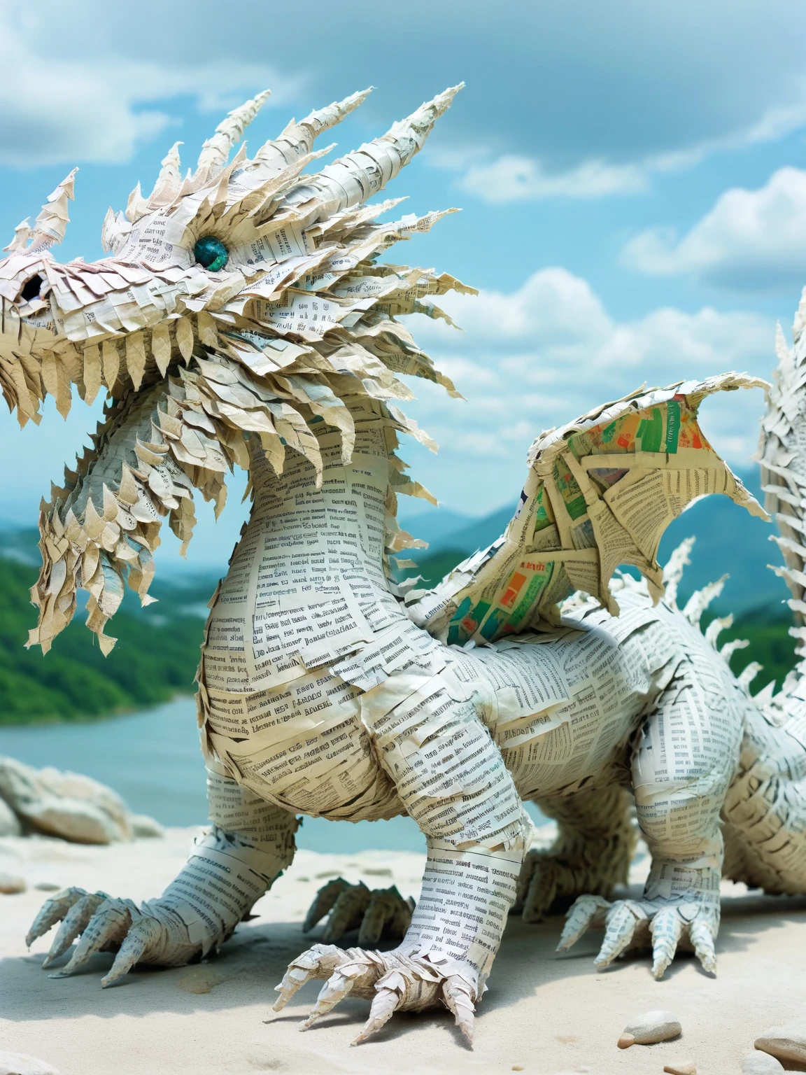 ais-papiermache dragon, with intricately crafted scales, soaring through the sky on a journey of wonder <lora:Papier_Mache_Style_SDXL:1>
