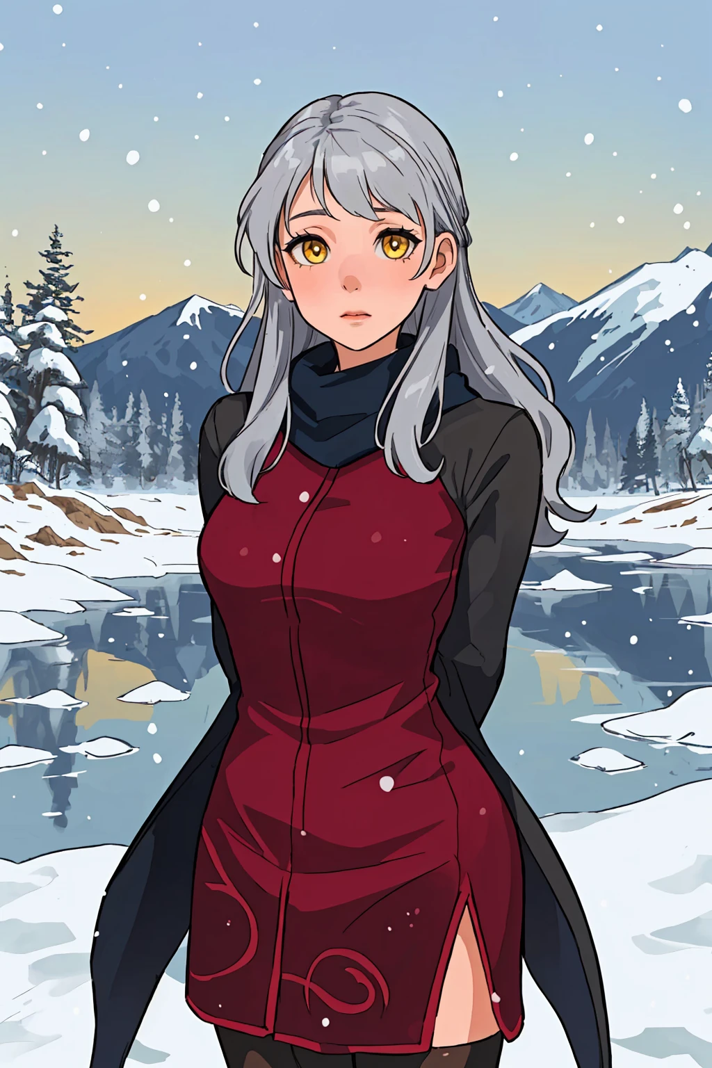 masterpiece, best quality,1girl, solo, facing viewer, <lora:EPfeMicaiah-07:1>, EPfeMicaiah, 1girl, long hair, grey hair, yellow eyes,trim marks, snowy mountain, evening, arms behind back, penguin costume, wavy mouth
