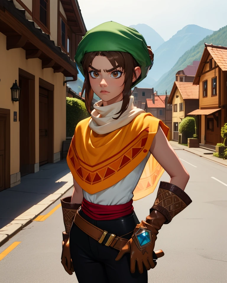 Toan,brown hair,brown eyes,serious,
poncho,dark pants,green hat,crested brown gloves,white turtleneck,
small village,outdoors,
standing,
(insanely detailed, masterpiece, best quality),<lora:Toan-11DCv9:0.8>,