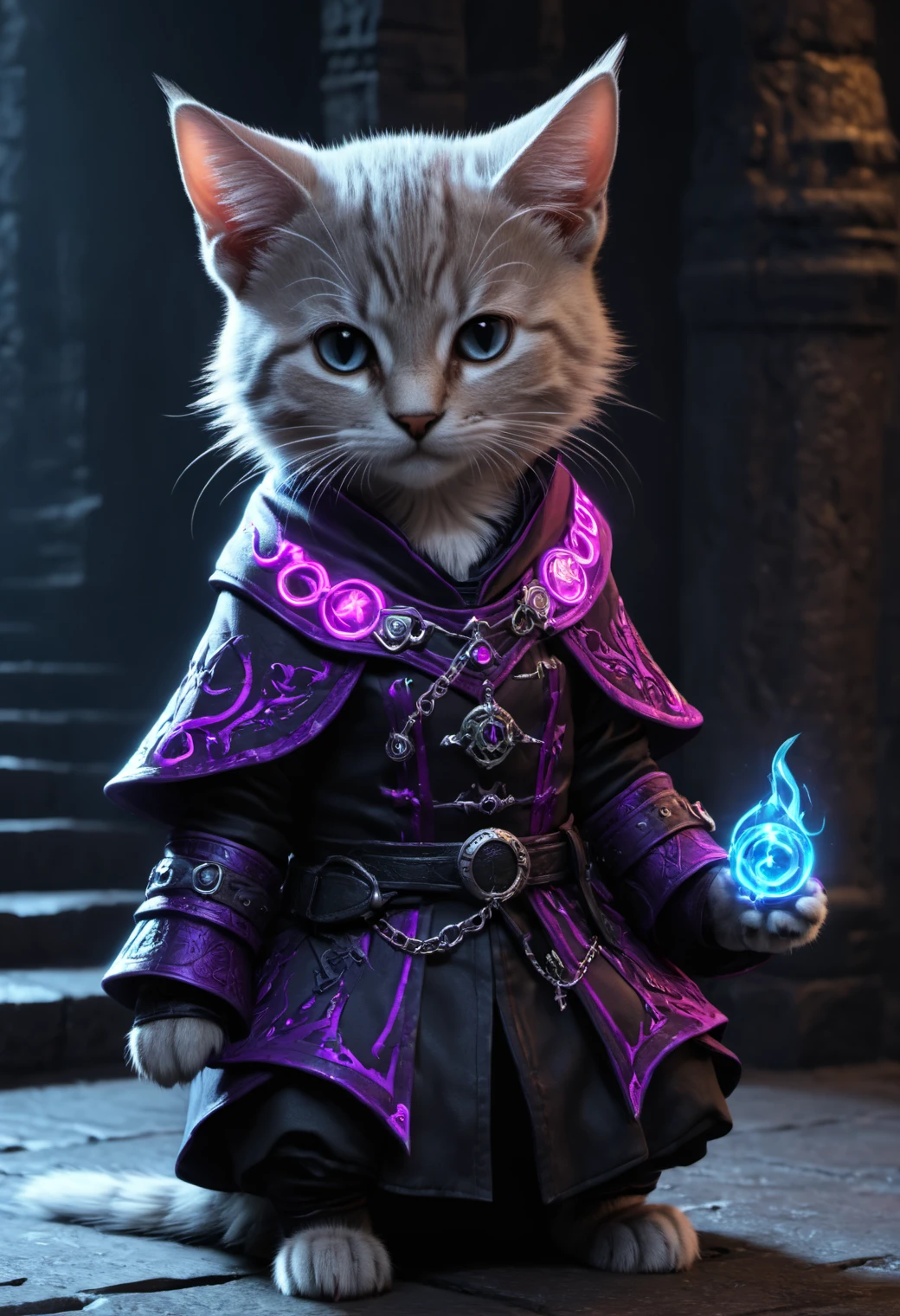 Highly detailed, dark fantasy, neon punk, mage kitten, mage clothes, dungeon, highly accurate, 4K