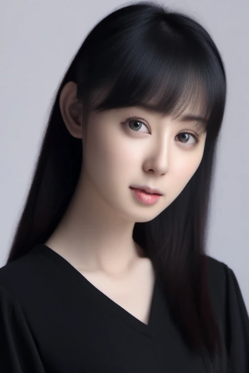 <lora:kazaya:1> A studio portrait of kazaya (girl:1), black hair, with black casual long-sleeved clothes, medium close up 3:4, natural soft background color
