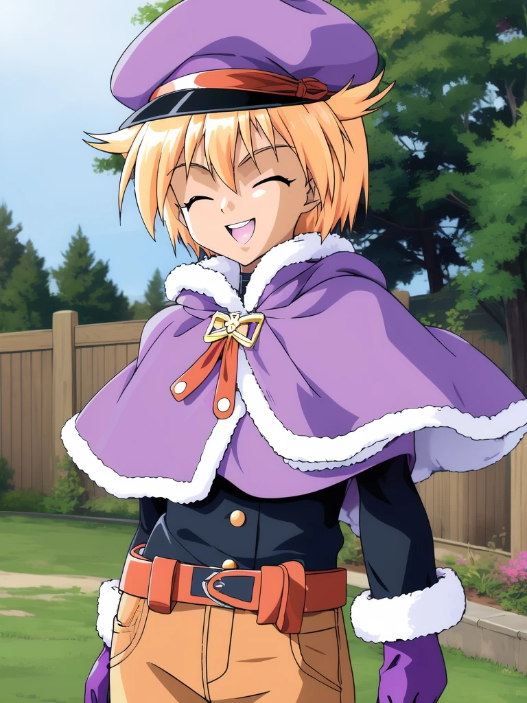 <lora:Ijuin_Mei:1>, IjuinMei, closed eyes, dark skin, hat, 1girl, gloves, blonde hair, cape, dark-skinned female, short hair, open mouth, animal ears, belt, 1boy, solo focus, purple headwear, pants, purple cape, smile,
masterpiece, high quality, very_high_resolution, large_filesize, full color,