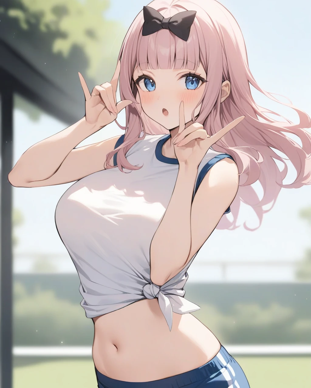 masterpiece,best quality,<lora:fujiwara_chika:1>,fujiwara chika, 1girl, solo, tied shirt, navel, outdoors, looking at viewer, white shirt, black bow, blurry background, midriff, blue shorts, :o, cowboy shot, open mouth, gym shorts, stomach, standing, day, sleeveless, hands up, gym uniform, fox shadow puppet, \\m/, contrapposto
