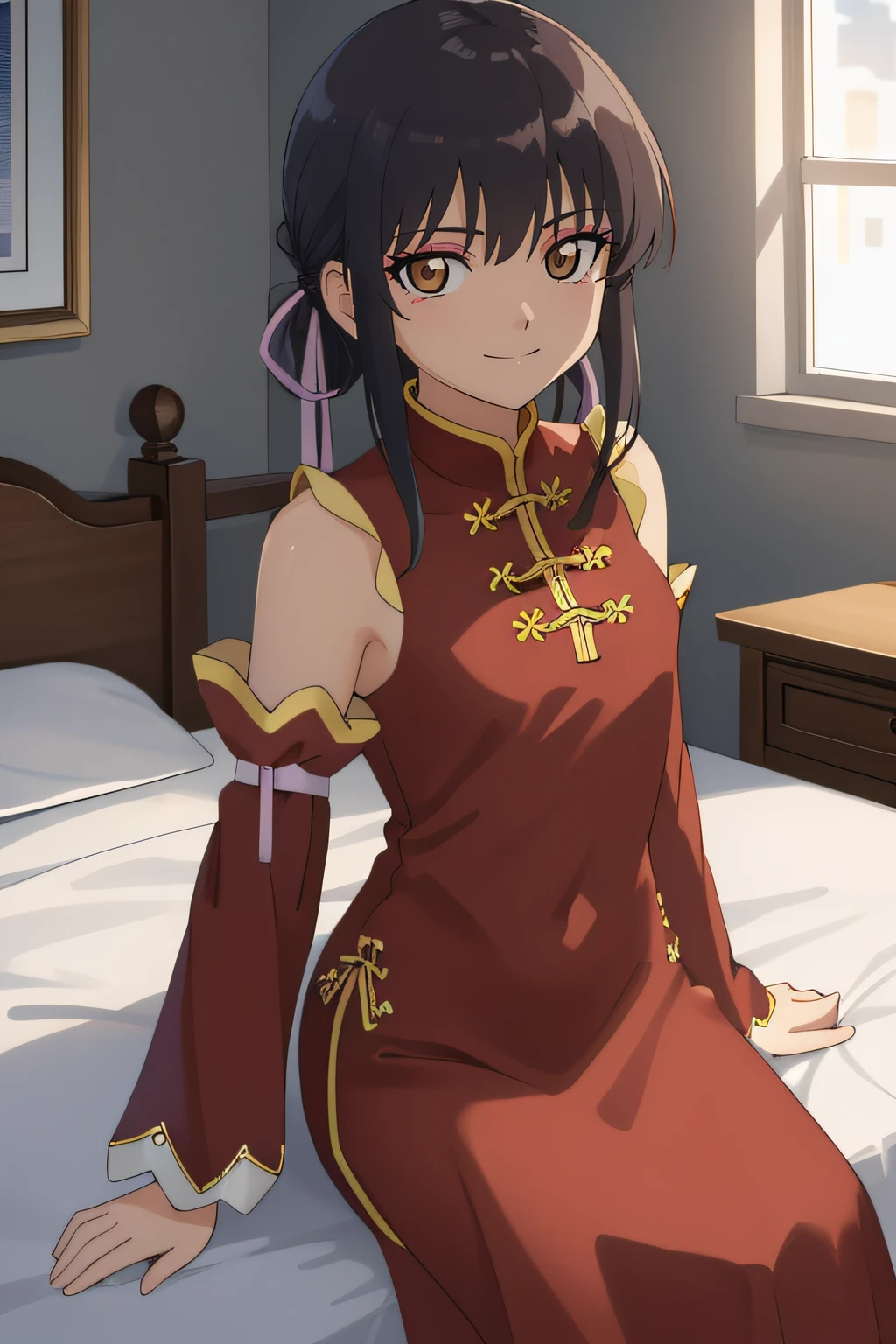 (masterpiece:1.2), best quality, high resolution, unity 8k wallpaper, (illustration), extremely detailed face, perfect lighting, extremely detailed CG, beautiful detailed eyes, 1girl, solo, <lora:Chanlee:0.7>, chanlee, brown eyes, dress, eyeshadow, bare shoulders, china dress, cowboy shot, frontal view, smile, sitting on bed, looking at viewer, detached sleeves