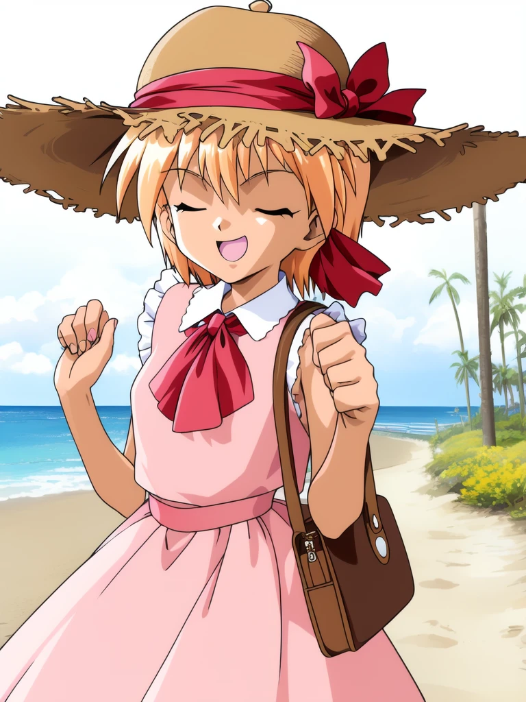 <lora:Ijuin_Mei:1>IjuinMei, 1girl, solo, hat, blonde hair, closed eyes, dress, short hair, bag, ribbon, handbag, arms behind back, open mouth, hat ribbon, beach,
masterpiece, high quality, very_high_resolution, large_filesize, full color,