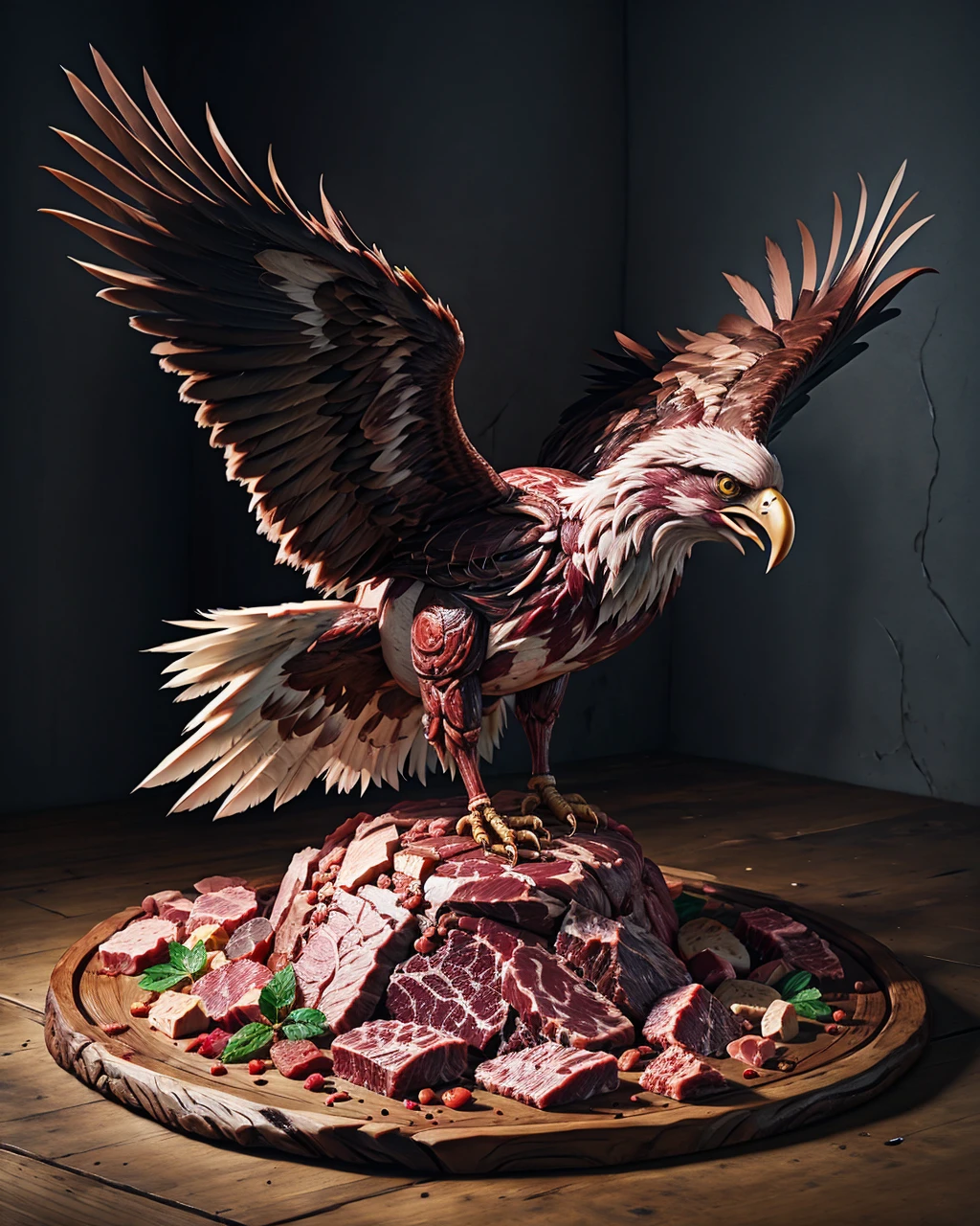 eagle, full body shot, made out of raw-meat <lora:ral-rawmeat:1> raw-meat