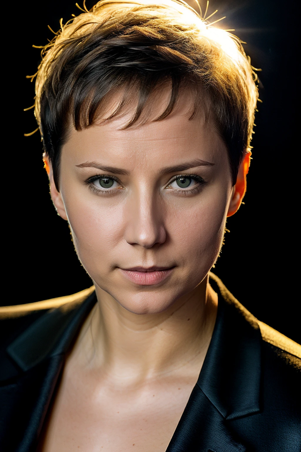 garinagrankova, woman, very short hair, portrait, black business jacket, black background, hard light, formal,
highly detailed, realistic,
<lora:MarinaGrankovaSD:0.8>