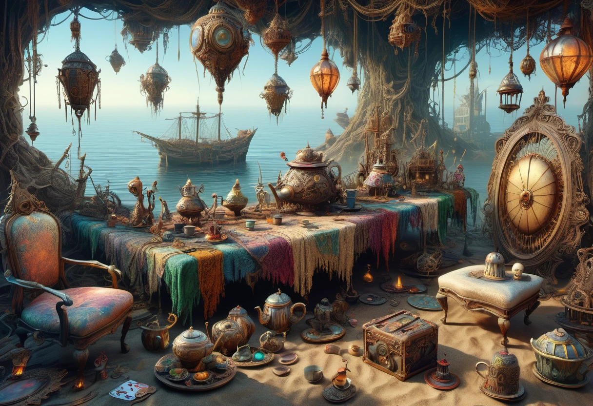 hyper detailed masterpiece, dynamic realistic digital art, awesome quality,lacy hamlet,polluted supergiant,cyborg weaver's loom vignetting,déjà vu, shoreline views,DonMT34P4rtyXL <lora:DonMT34P4rtyXL-v1.1-000008:0.8>