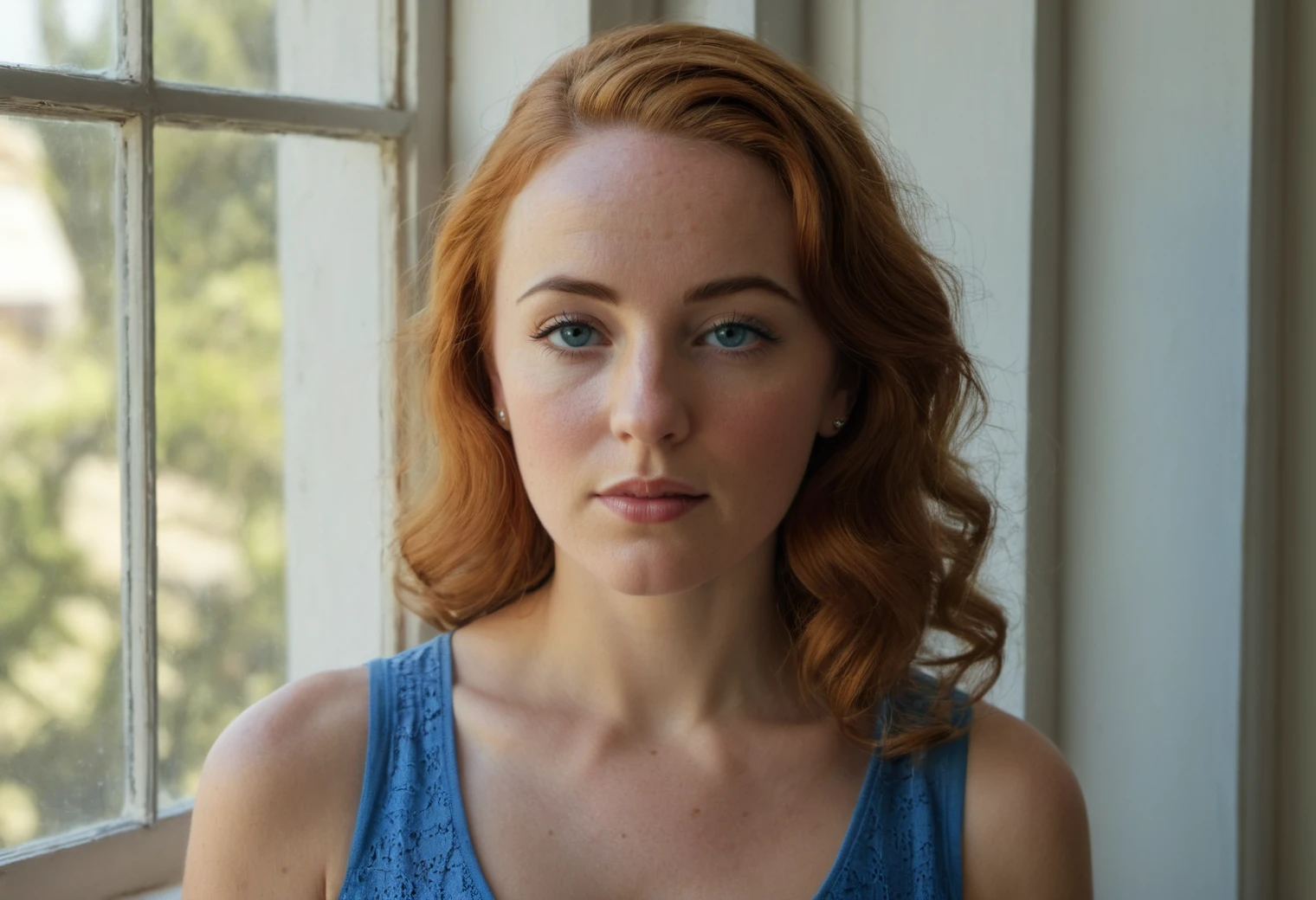 eccentric photo of an alluring woman in a blue sundress by a window, natural lighting, diffused lighting, pores, (freckles, wrinkles, skin blemishes:0.4), detailed 8k artistic work by Evelyn DeMorgan and Craig Davison, subsurface scattering, global illumination