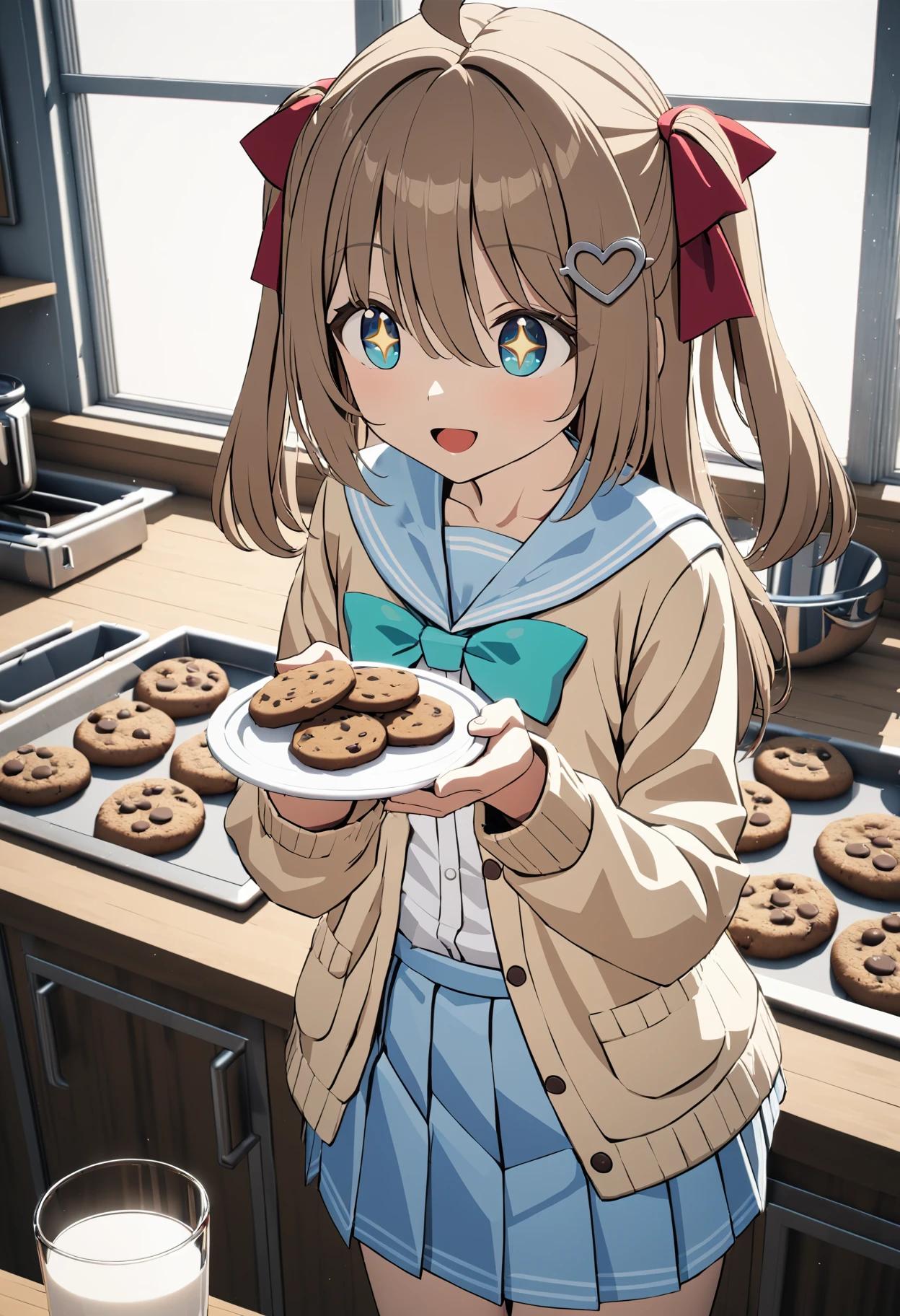 1girl, neuro-sama, (himeyamato:1.22), anime, cowboy shot, +_+, blue eyes, aqua bow, yellow cardigan, open cardigan, blue sailor collar, blue skirt, pleated skirt, turtle, open mouth, red ribbon, hair ribbon, two side up, heart hair ornament, long sleeves, ahoge, light brown hair, holding cookie, pov, glass of milk on a counter, chocolate chip cookie,  natural lighting, (masterpiece, best quality), detailed scenery, (3d render:0.3), highly detailed, finely detailed, happy smile,  <lora:neurosama_animaginexl_3-15:0.7>