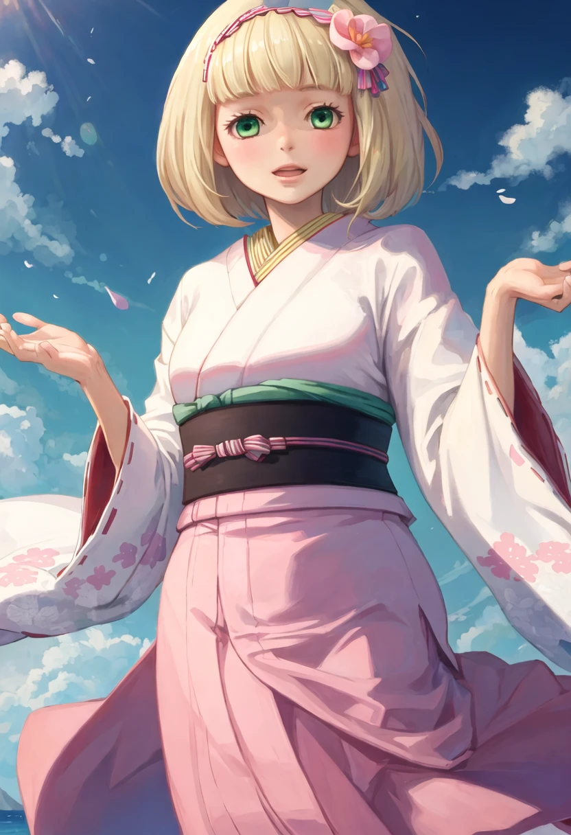 best quality, masterpiece, highres, solo, {moriyama_shiemi:0.90}, {white kimono:1.35}, {red hakama:1.35}, {wide sleeves:1.20}