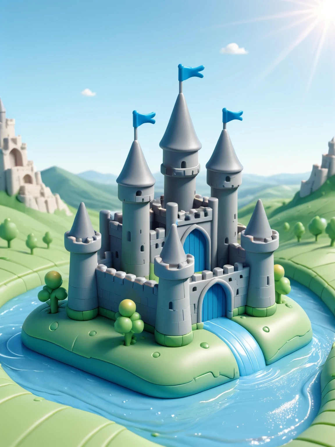 ais-plasticz castle, rising from an ais-plasticz moat, guarding a kingdom of ais-plasticz royalty, set against a backdrop of ais-plasticz rolling landscape and an ais-plasticz sky with an ais-plasticz sun<lora:Plastic_Toy_Style_SDXL:1>