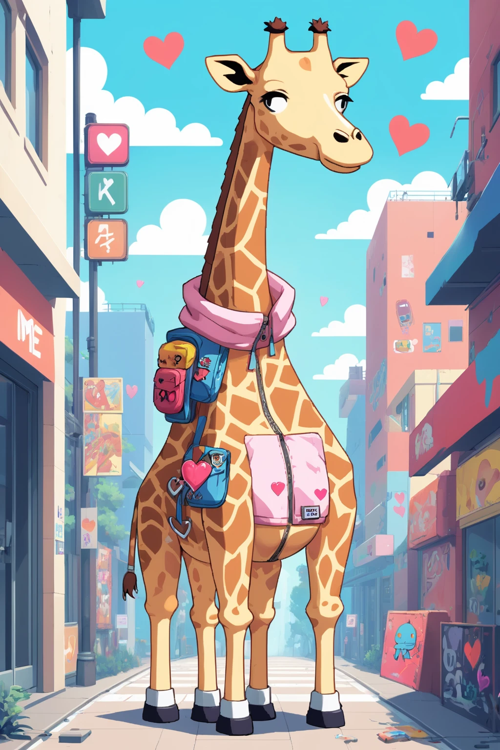 masterpiece,,white background, simple background,
best quality,
game cg,
masterpiece, best quality, high quality, highres, absurdres, 8k,4k,
Giraffe ð¦,1girl,
pixel art, (retro aesthetics):1.2, nostalgic charm, blocky textures, limited color palette, digital design, 8-bit style
BREAK
(
âDesign a colorful illustration of a quirky individual , with a backdrop filled with playful characters and graffiti. The outfit is a bright adorned with various patches, pins, and stickers, including hearts and amusing phrases. The surrounding environment should reflect a busy, urban street art vibe, with an assortment of contrasting, vibrant elements.â:1.8)