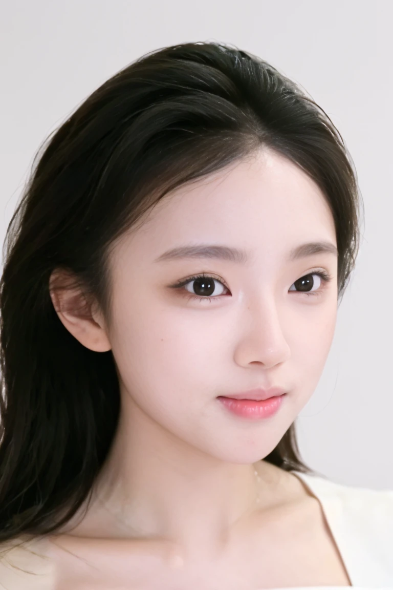 (masterpiece, top quality, best quality, (close-up photograph: 2), ((1girl)), korean, fair skin, (extremely detailed face), ((looking at viewer)), ((((ultra-detailed eyes and pupils)))),((((ultra-detailed lips)))) cheekbone, plump cheeks, ((bare pectorals)), ((bare chest)), ((tube dress)), bare head, ((bare shoulders)), symmetrical frame, (((strapless))), ((closed lips)), (((smile))), ((symmetrical pose)), (symmetrical face: 1.6), 35mm, ((((minimal plain white background)))), ((no lighting)), long hair, no watermark, ((medium hair)), <lora:mulirenyvnew:0.7>