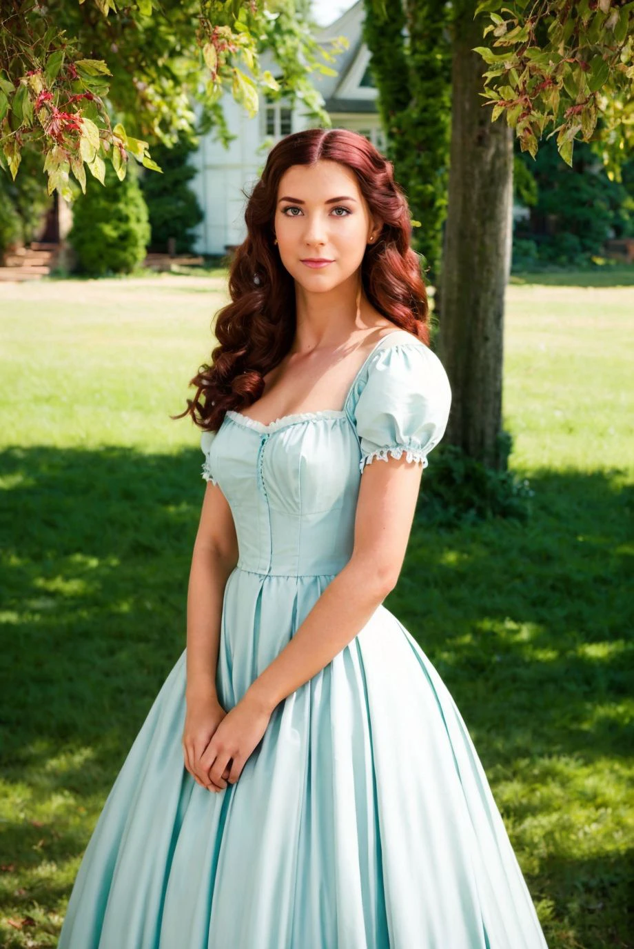 A full color portrait of a beautiful woman wearina a 19th-century Southern belle dress, Gone with the Wind movie set,shy,epic character composition,by ilya kuvshinov, alessio albi, nina masic,sharp focus, subsurface scattering, f2, 35mm, film grain <lora:shonari:1>