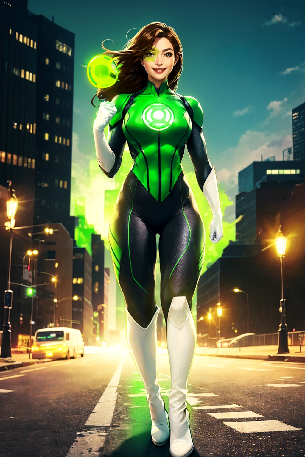 masterpiece, best quality, 8k uhd, dslr, soft lighting, high quality, smile, upper body,  <lora:JessicaCruzV1.0:0.8> jessicacruz dc, 1girl, bodysuit, green lantern, white gloves, brown hair, bodysuit, green lantern symbol, facepaint, full body, glowing, hand on hip, boots, outdoors, city