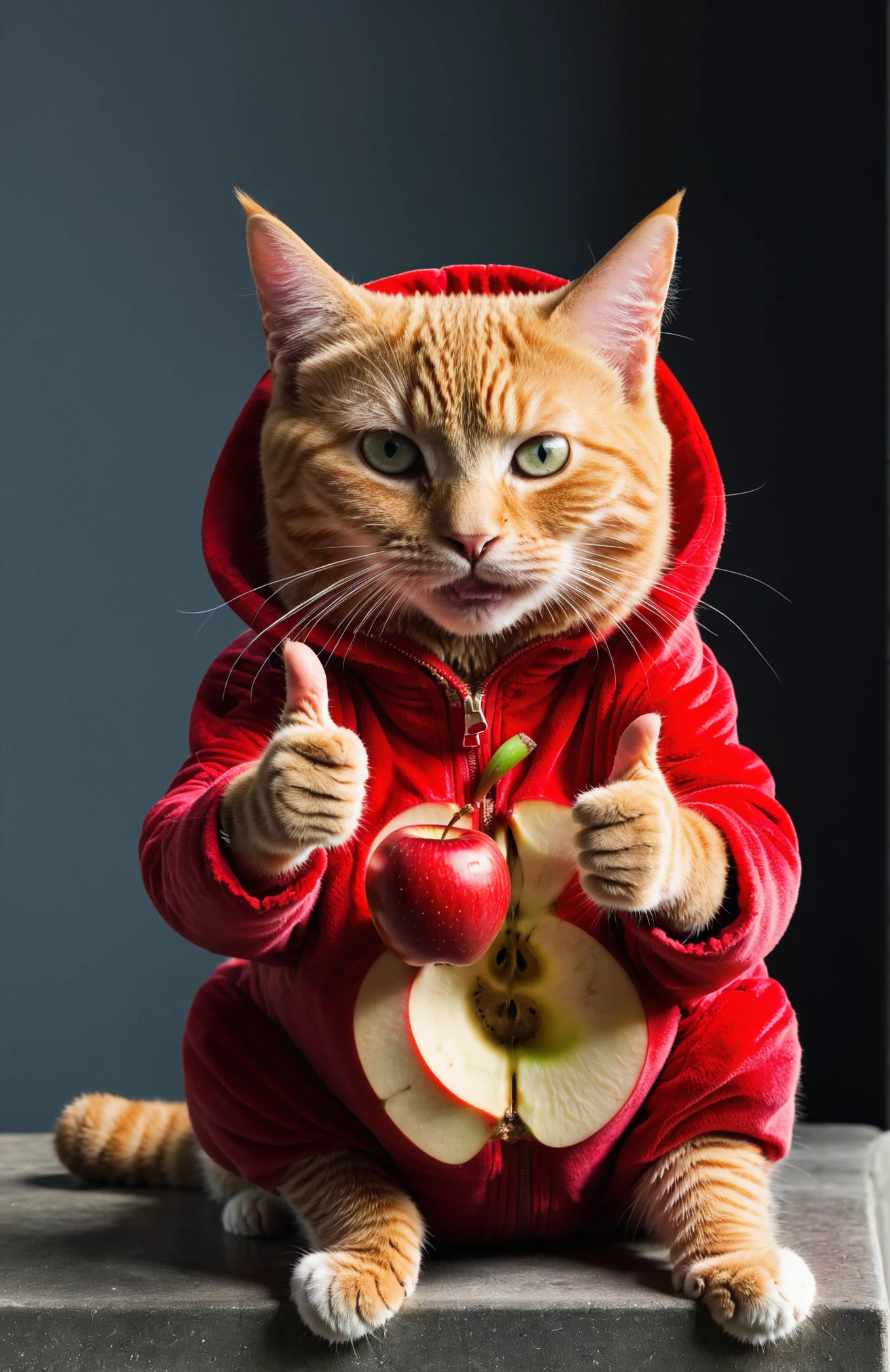 single thumbs up, approve ๐ฑ๐ก Angry Cat ,Apple Face , kitten is wearing a red apple suit. The large and small clothes add a bit of silliness, and the whole person looks like a red apple. Ugly yet funny, Apple Body, Apple Curve Color, Beyond Cognition Materials, Beyond Cognition Lighting Cues, Textures, and finally ZBrush Layered Rendering. ๐๐๐
, <lora:xl_more_art-full_v1:0.4> <lora:FaeTastic2:0.4> <lora:single thumbs up:1>