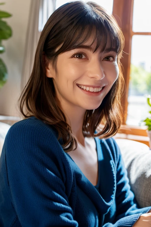 1girl, solo,(blue snuggly wear:1.6),(RAW photo, best quality), (realistic, photo-realistic:1.4), masterpiece, an extremely delicate and beautiful, extremely detailed, 2k wallpaper, Amazing, finely detail, extremely detailed CG unity 8k wallpaper, ultra-detailed, highres, soft light, beautiful detailed girl, extremely detailed eyes and face, beautiful detailed nose, beautiful detailed eyes,(soft light:1.8),(in the living room:2.0),perfect anatomy,(slender body:1.6),(close up face:2.6),(laugh,Friendly, warm:2.0),(looking at viewer:1.8),(japanese idol:1.8),(brown eyes:1.8),(shoulder length hair:1.8),(sitting ont the sofa:1.8), <lora:lynn_lora-10:0.8>