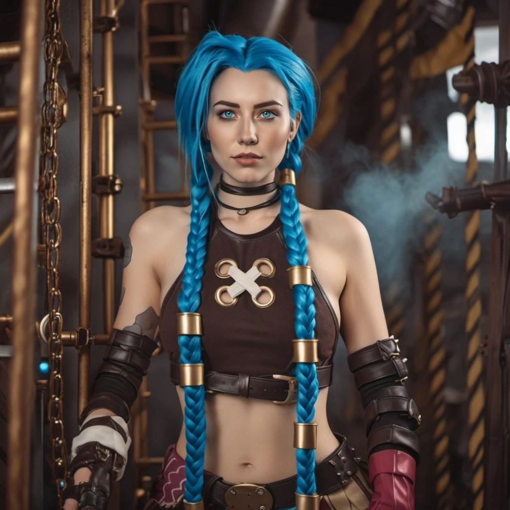 cinematic photo cinematic photo portrait of a woman, blue hair and braids is posing for a picture, steampunk background <lora:Jinx1024-000260:0.8> . 35mm photograph, film, bokeh, professional, 4k, highly detailed