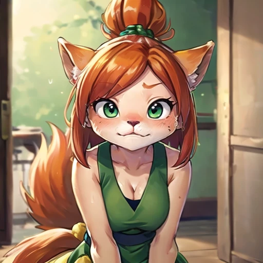 , masterpiece, Highest Quality, Highest Resolution, perfect background, perfect perspective, sharp image, perfect details, perfect lighting, perfect shadows, Perfect lighting, Best background,
perfect anime style, Tessa, furry, furry female, 1girl, animal tail, animal ears, animal nose, green eyes, Adult, orange hair, pony tail, body fur, sleeveless, green footwear, topknot, green leaf dress, blush, cleavage, sweat, leaning forward, looking at viewer, nervous, unsure, embarassed, hair over eyes, indoors, medium breasts,
