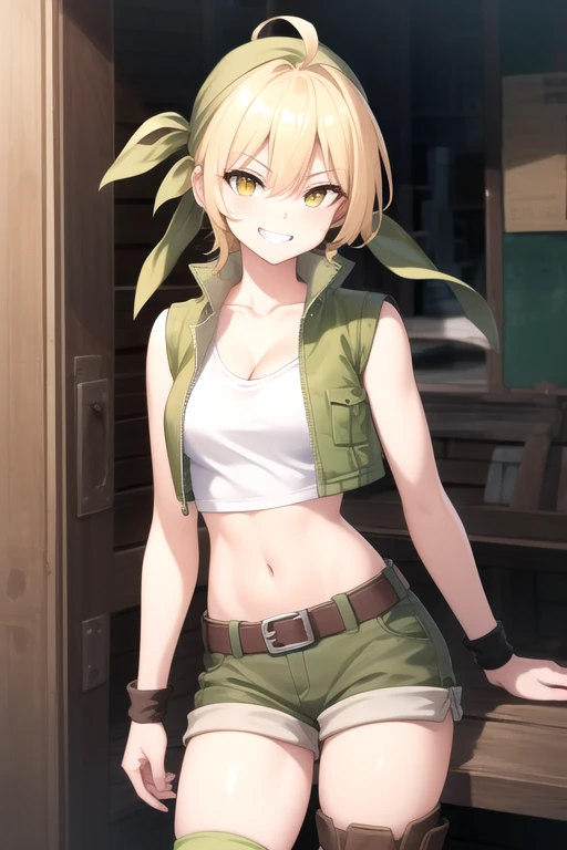 (masterpiece, best quality), official art, 8k, ultra detailed, one girl, EriDef, solo, glowing skin, sweat, blonde hair, brown eyes, (huge breasts), cleavage, navel, origan cloth, green bandanna, crop top, tank top, vest, short shorts, green shorts, kneek pads, belt, looking at viewer, Arabian city, desert, cowboy shot, <lora:LoRA_Eri:0.9>, <lora:more_details:0.3>