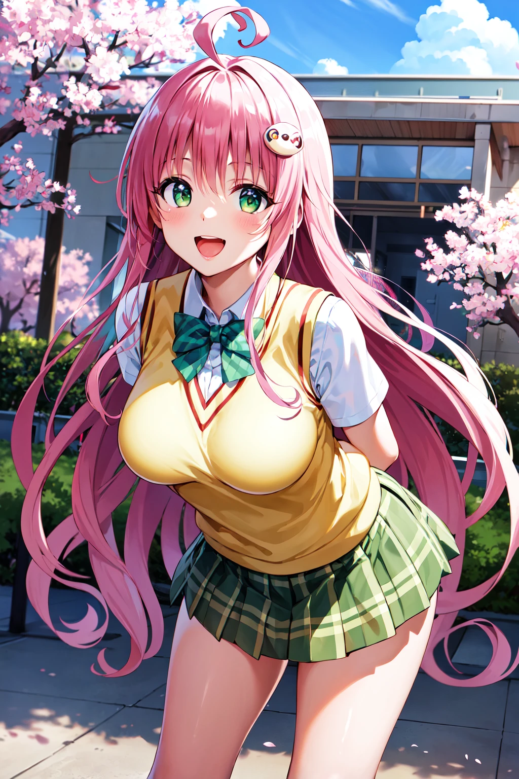 bangs, Long Hair, Green Eyes, Hair between the eyes, hair ornaments, Pink Hair, Ahoge, 最高のsmile, Low people, (White shirt:1.3), (Yellow vest:1.3), (Big Boobs),Light blue bow tie, Upper Body, (Green Check Skirt:1.3), Highest quality, High resolution, unity 8k wallpaper, (shape:0.8), (Beautiful and detailed:1.3), Highly detailed face, Perfect lighting, Detailed CG, (Perfect hands, Perfect Anatomy), smile, look up