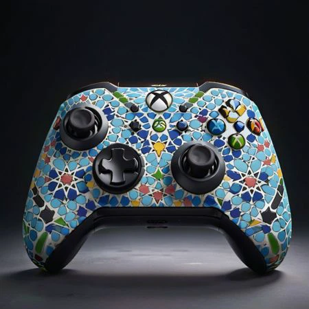 Vibrant colors, zlj-xl xbox controller, dusty black backround,particle effect,realistic,bokeh, highly detailed, absurdres details