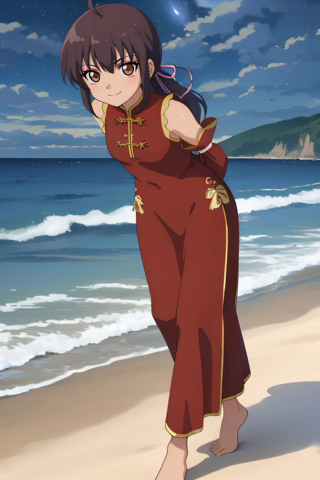 (masterpiece:1.2), best quality, high resolution, unity 8k wallpaper, (illustration), extremely detailed face, perfect lighting, extremely detailed CG, beautiful detailed eyes, 1girl, solo, <lora:Chanlee:0.7>, chanlee, brown eyes, dress, eyeshadow, ahoge, sidelocks, bare shoulders, china dress, pants, full body, frontal view, smile, looking at viewer, detached sleeves, beach, ocean behind, (night, night sky, clouds), barefeet, walking, (arms behind back:1.2, hand behind back), ribbon