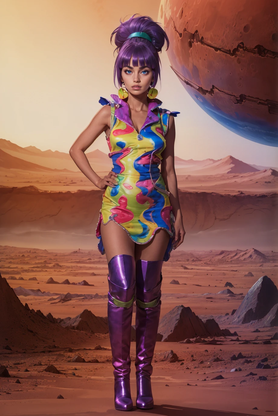 80s adult anime woman, (full body photo:1.3), (purple Messy Side Bun:1.1), j_sc0tt_1, rainbow dress, <lora:j_sc0tt_1-08:0.8>,  best quality, high detail, high quality, high res, 4k,eyeliner, pouty lips, blue eyes,  detailed skin texture,  (blush:0.5), (on Planet Mars:1.4)