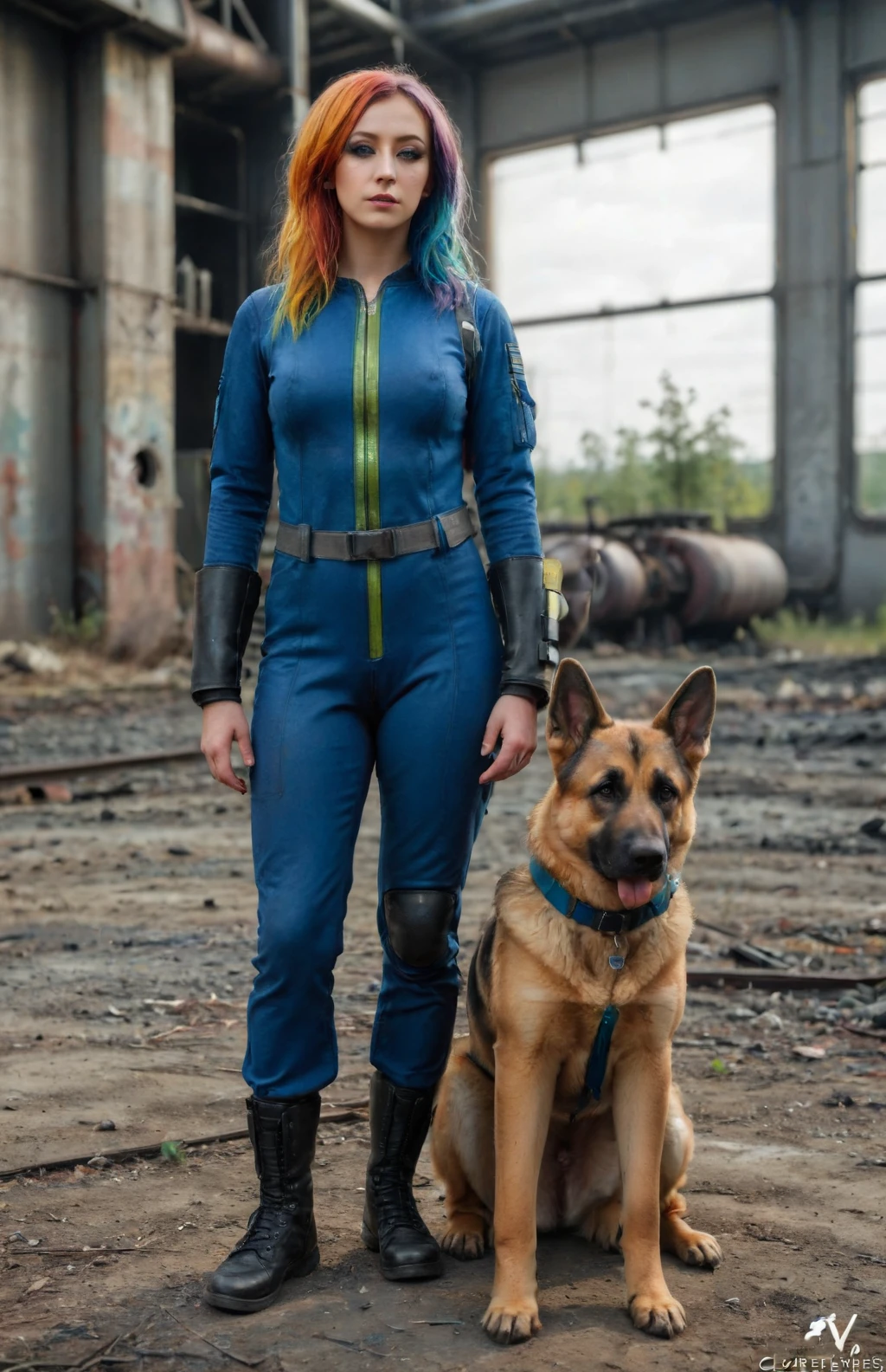 A full body photograph of a rainbow hair woman wearing a Vault Suit in a abandoned power plant with a german shepherd <lora:Fallout_Vault_Suit-000008:0.5> <lora:PerfectEyesXL:0.8> perfecteyes