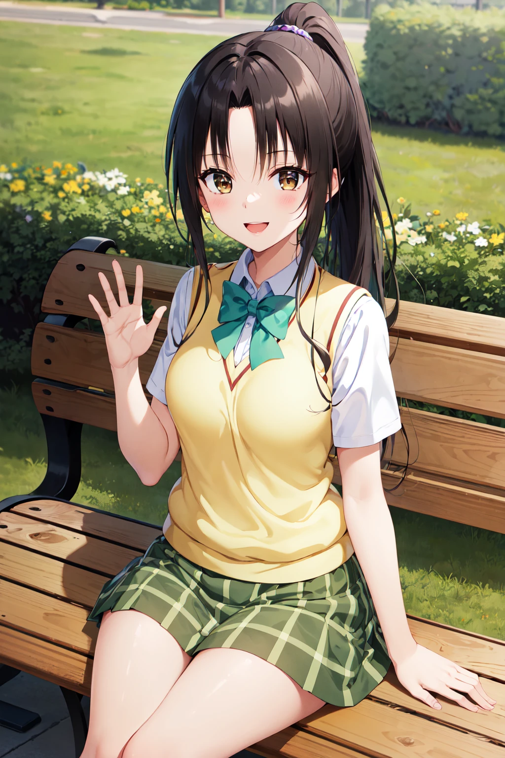 masterpiece, best quality, highres, 1girl, solo, long hair, black hair, ponytail, parted bangs, brown eyes, school uniform, green bowtie, white shirt, short sleeves, sweater vest, yellow vest, plaid skirt, green skirt, <lora:kujou_rin_v1:0.7>, sitting, outdoors, bench, smile, open mouth, waving, looking at viewer,
