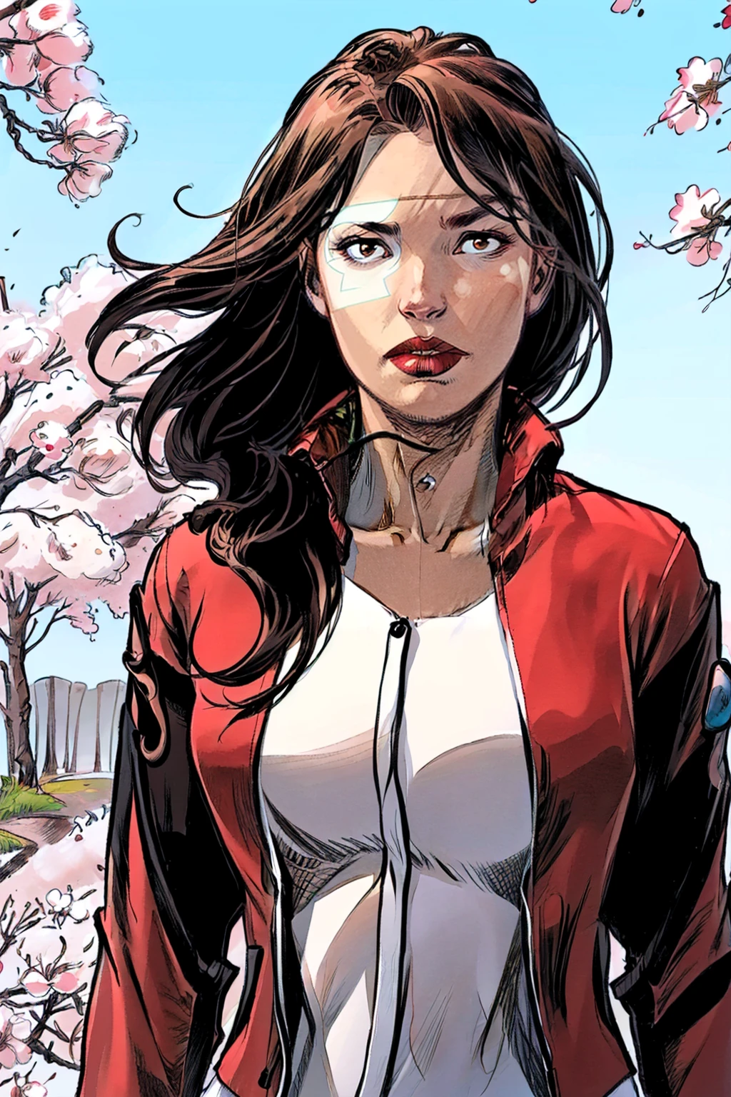masterpiece, best quality, 8k uhd, dslr, soft lighting, high quality, sad, upper body, <lora:JessicaCruzV1.0:0.8> jessicacruz dc, 1girl, brown hair, (red jacket, plain white shirt:1.3), cherry blossoms, wind, looking at viewer, facepaint