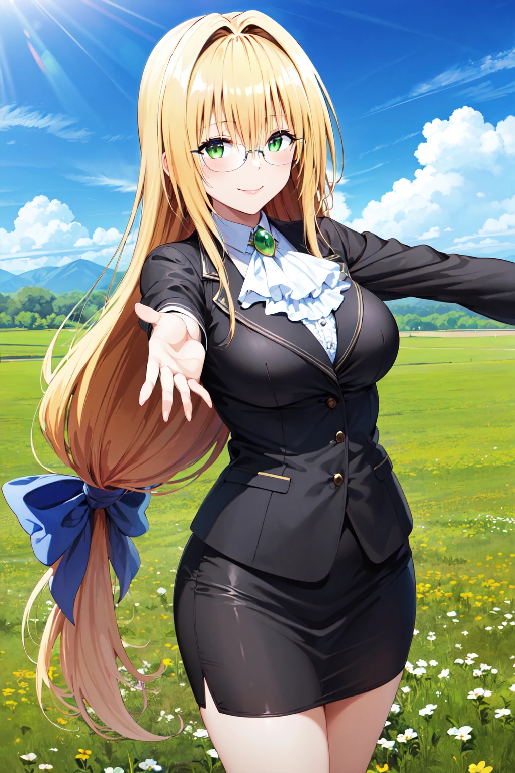 masterpiece, best quality, highres, Tearju Lunatique, very long hair, low-tied long hair, hair ribbon, green eyes, glasses, large breasts, white ascot, black jacket, long sleeves, black skirt, standing, cowboy shot, outdoors, smile
