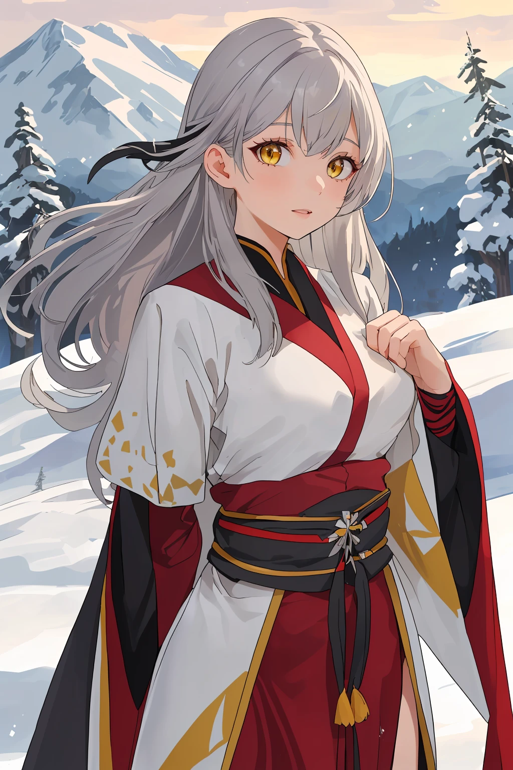 masterpiece, best quality,1girl, solo, facing viewer, <lora:EPfeMicaiah-07:1>, EPfeMicaiah, 1girl, long hair, grey hair, yellow eyes,trim marks, snowy mountain, evening, arms behind back, penguin costume, wavy mouth