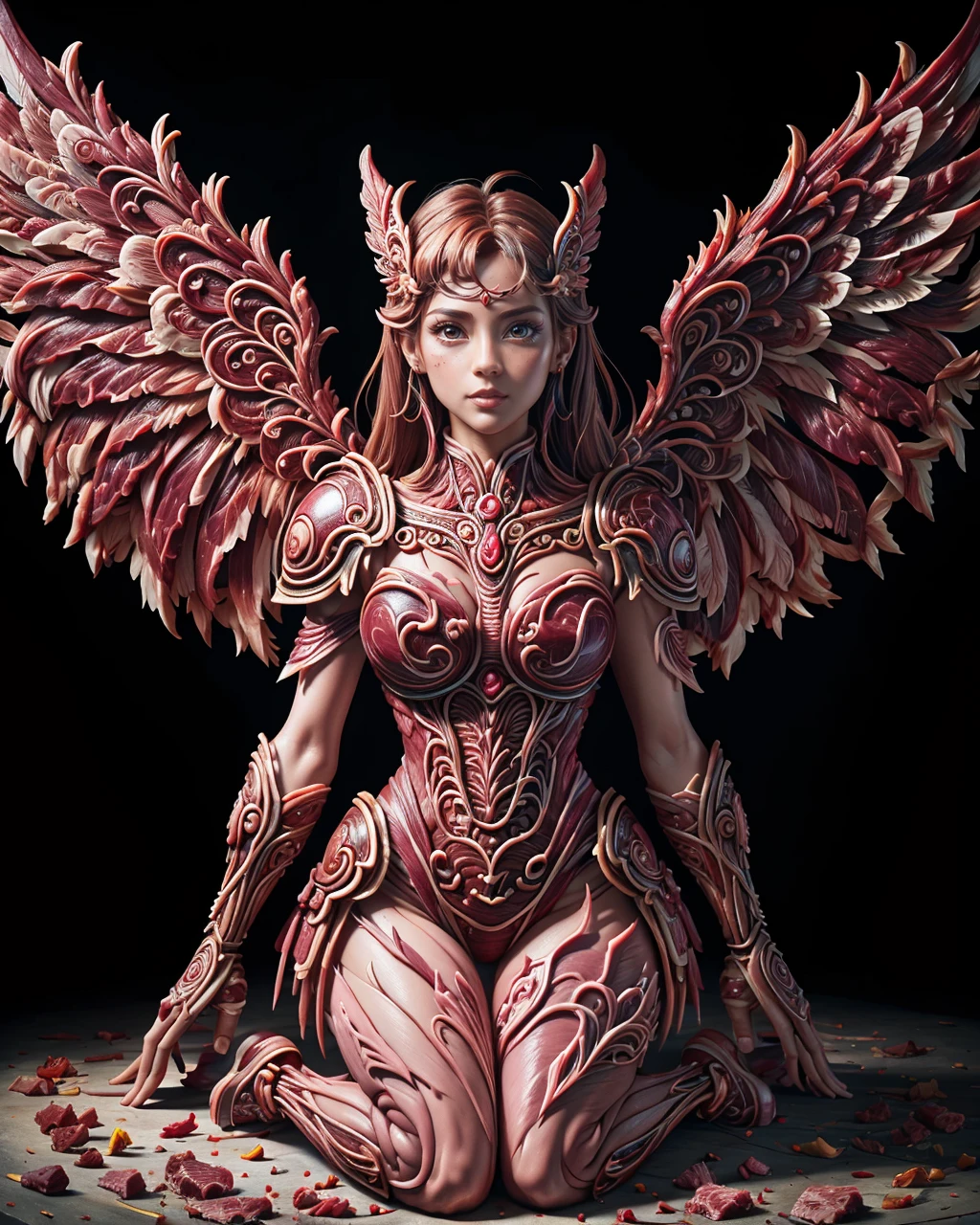 (best quality, masterpiece, colorful, dynamic angle, highest detailed)upper body photo, full body photo, fashion photography of cute mechangel, glowing 4 wings, solo, glowing armor, glowing halo, building, glowing mechanical 4 wings (intricate details, hyperdetailed:1.15), detailed, light passing through hair, (official art, extreme detailed, highest detailed), made out of raw-meat <lora:ral-rawmeat:1> raw-meat