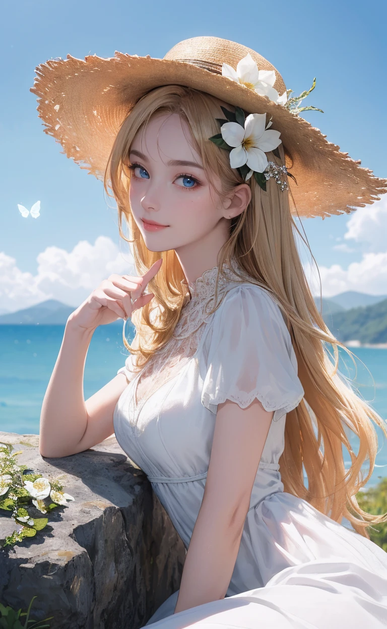 ((masterpiece, best quality)), (((masterpiece, best_quality, highest quality))), (perfect detail, perfect skin:1.2),(highres), original,extremely detailed 8K wallpaper,(an extremely delicate and beautiful),incredibly_absurdres, intricate detail, distinct_image,extremely intricate,(detailed skin:1.3) , best quality:1.2, High definition, intricate details, finely detailed, beautiful detailed, high detailed skin, ((glossy skin)), shiny skin, (white skin:1.3), (pale skin:1.3),(natural light, ray tracing, volumetric light), (top quality), (golden-ratio face, perfect proportioned face, perfectly beautiful:1.3), (reflected diffuse light to face:1.3), (peer proportional face), (peer proportional body, proportional awesome body:1.3), parted lips, ((presenting)), (perfect anatomy, correct limb, correct finger), ((looking at viewer, eye contact)),((eye contact)), 1girl, outdoors, solo, flower, blue eyes, long hair, looking at viewer, long dressï¼hat, ocean, dress, sitting, white flower, sky, bug, hat flower, day, bangs, butterfly, water, long sleeves, blue sky, rock, cloud, orange dress, blonde hair, horizon, orange headwear, hair ornament, closed mouth, smile, hair flower, short sleeves, looking to the side, bird, scenery, mountainous horizon, red headwear, white dress