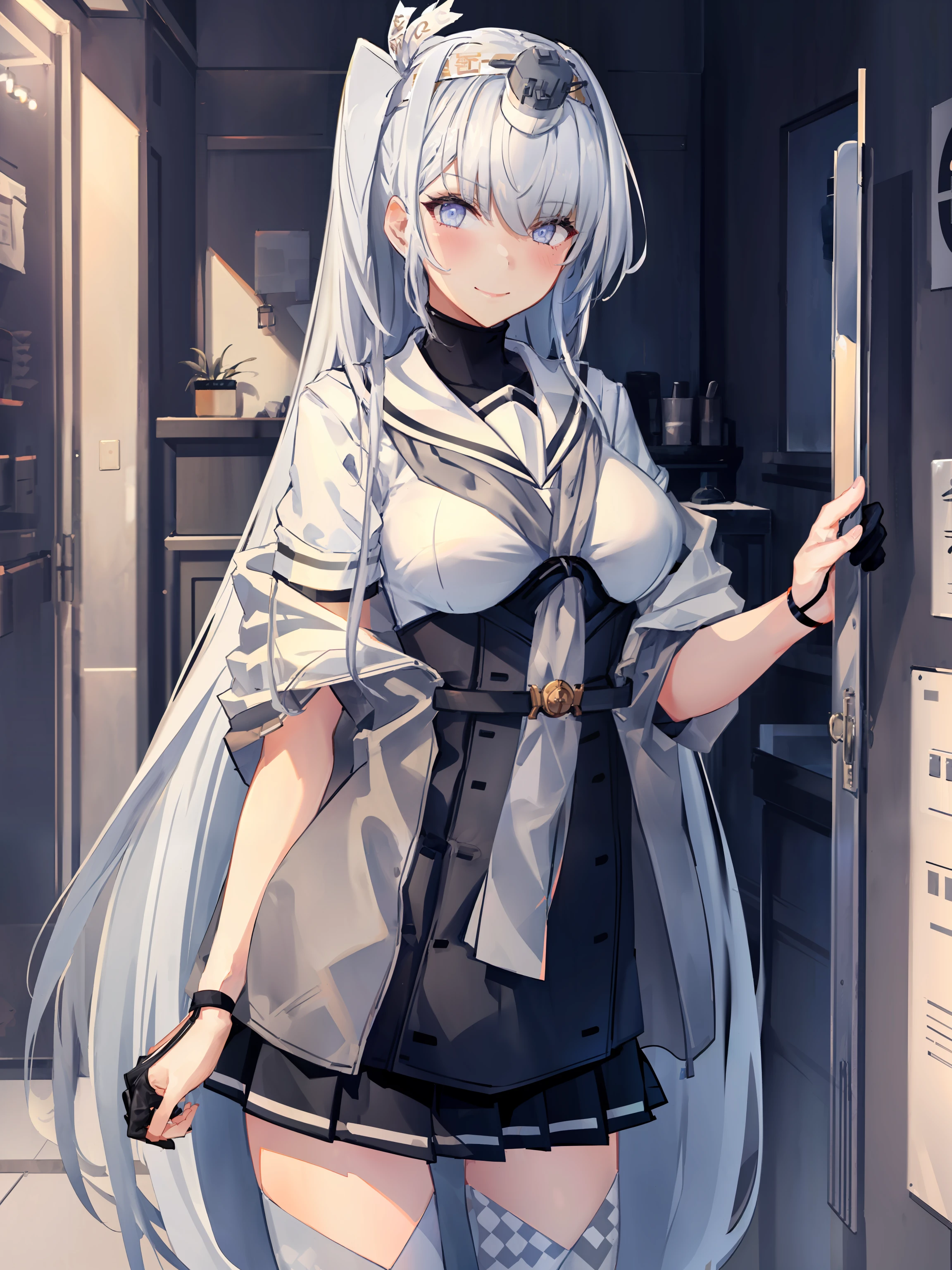 fuyutsuki \(kancolle\), 1girl, solo, skirt, school uniform, serafuku, grey neckerchief, sailor collar, gloves, headband, white sailor collar, black gloves, white headband, neckerchief, thighhighs, black skirt, pleated skirt, one side up, breasts, clothes writing, half gloves, smile, large breasts, cowboy shot, grey hair, closed mouth, microskirt, short sleeves, blush, looking at viewer, black thighhighs, original, intricate detail, illustration, masterpiece, extremely detailed CG unity 8k wallpaper, highlight, sharpening, dynamic, <lora:Fuyutsuki-4:0.8>,