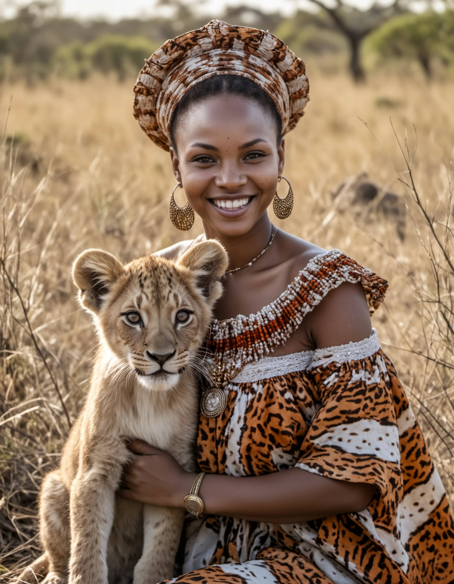 Create a photo of a beautiful young smiling African zulu woman wearing a beautiful Dress with a ********** lion in the savanna, looking at the viewer, close up, photo-realistic, Film light, Hyper detailed, Hyper realistic, atmospheric, High resolution, 8k, HDR, 500px, FUJIFILM, animal, fashion, stylish, by Saroj Sahu, Contentmentism