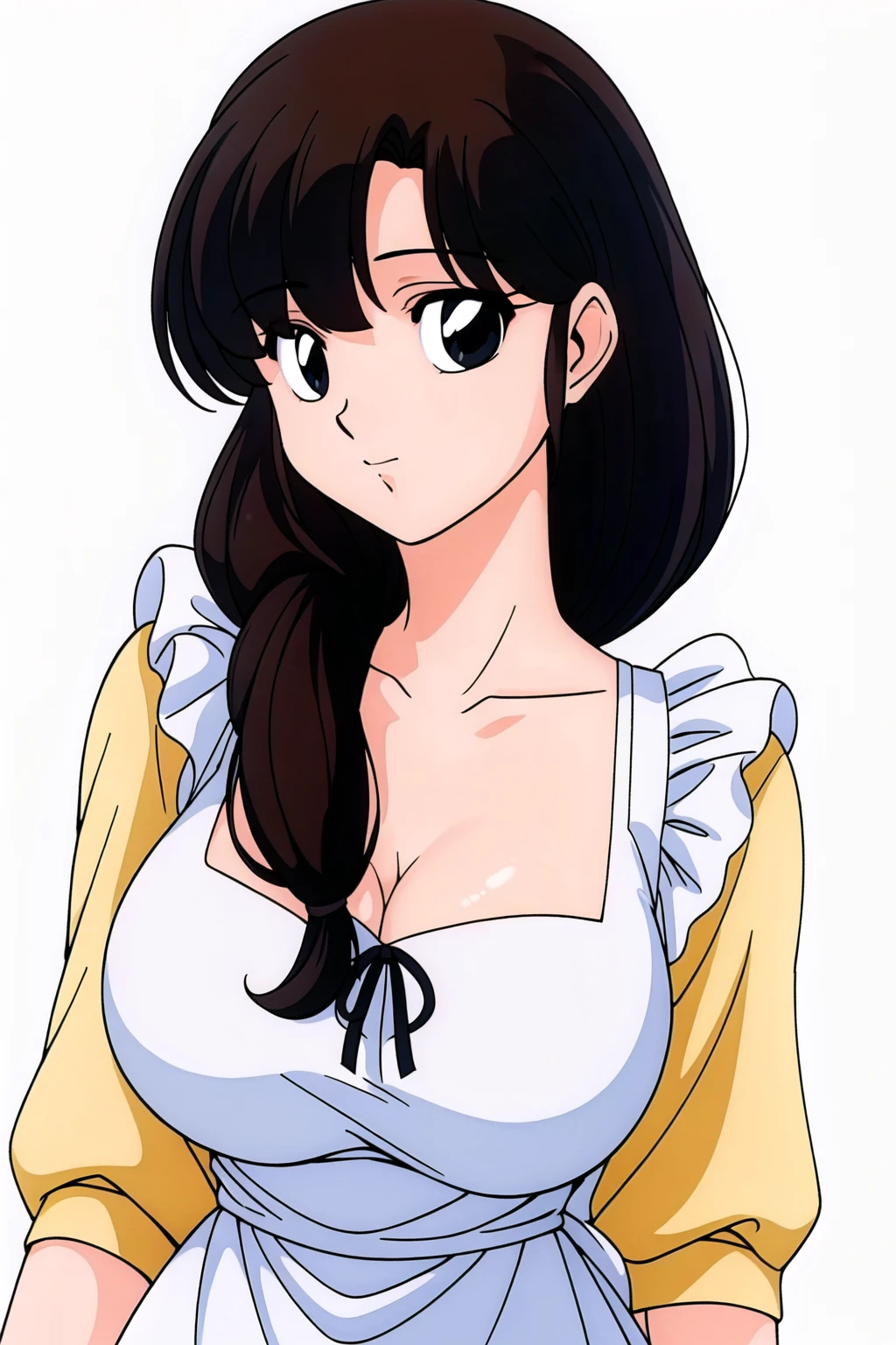 Simple White Background,
 yellow shirt, white apron, frilled apron, cleavage, collarbone, 
<lora:Kasumi_Tendo_Ranma-KK77-V1:0.7>,
black  eyes, black hair,long hair, bangs, braid,hair ornament, 
<lora:Oda_Non_Style-KK77-V2:0.3>,<lora:more_details:0.1>,
1 girl, 20yo,Young female,Beautiful long legs,Beautiful body,
Beautiful Nose,Beautiful character design, perfect eyes, perfect face,expressive eyes,perfect balance,
looking at viewer,(Focus on her face),closed mouth, (innocent_big_eyes:1.0),(Light_Smile:0.3),
official art,extremely detailed CG unity 8k wallpaper, perfect lighting,Colorful, Bright_Front_face_Lighting,White skin,
(masterpiece:1.0),(best_quality:1.0), ultra high res,4K,ultra-detailed,
photography, 8K, HDR, highres, absurdres:1.2, Kodak portra 400, film grain, blurry background, bokeh:1.2, lens flare, (vibrant_color:1.2),professional photograph,
(Beautiful,large_Breasts:1.4), (beautiful_face:1.5),(narrow_waist),