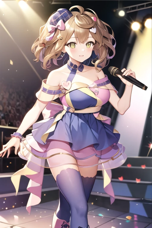 e7idol-sp2, hair ribbon, idol dress, mini hat, microphone, boots, heart shaped decoration, 1girl, solo, stage, yellow eyes