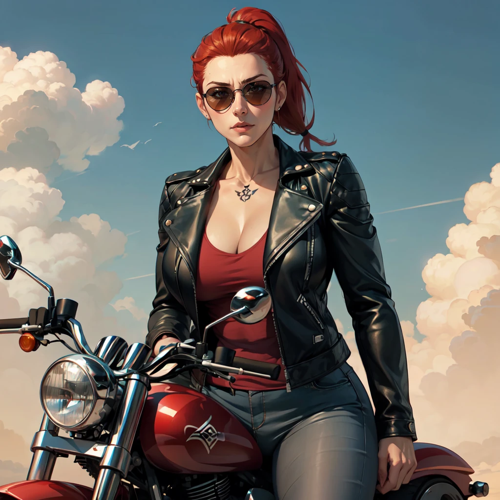 1girl, milf, mature female, biker, leather jacket, motorcycle, sunglasses, windy, red hair, ponytail, muscular female, tattoo, closed mouth