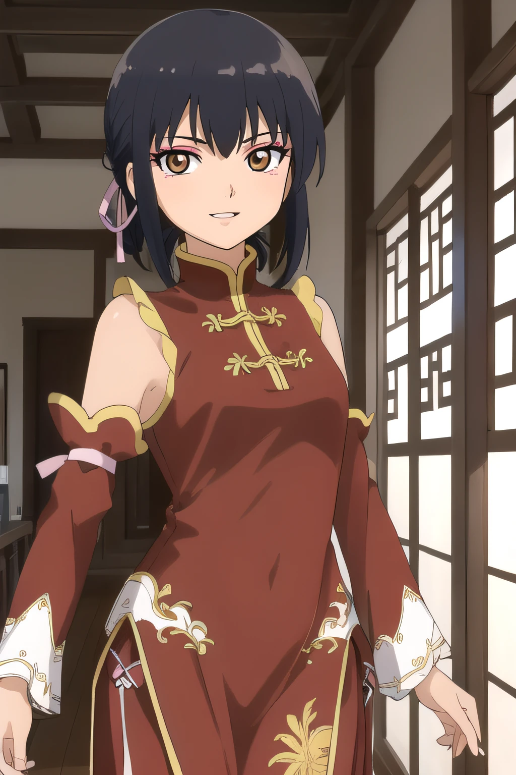 [[anime styled]],[[digitalart]],masterpiece,best quality,high resolution,Tomomi_Xijing,black hair,Short hair,Hair Ribbon,red eyes,midium build,(red ,red winter clothes,long sleeves,long skirt),NSFW,1girl in,独奏,((standing)),(Portrait),((pussy focus)),(short torso),Perfect Lighting,[bare chests,nipples:1.3],(skirt lift,up skirt),show off panites,((lite blue striped panties)),smile,blush,(underwear:1.2), (strong light),((brighten the subject)),spread legs, break background classroom,