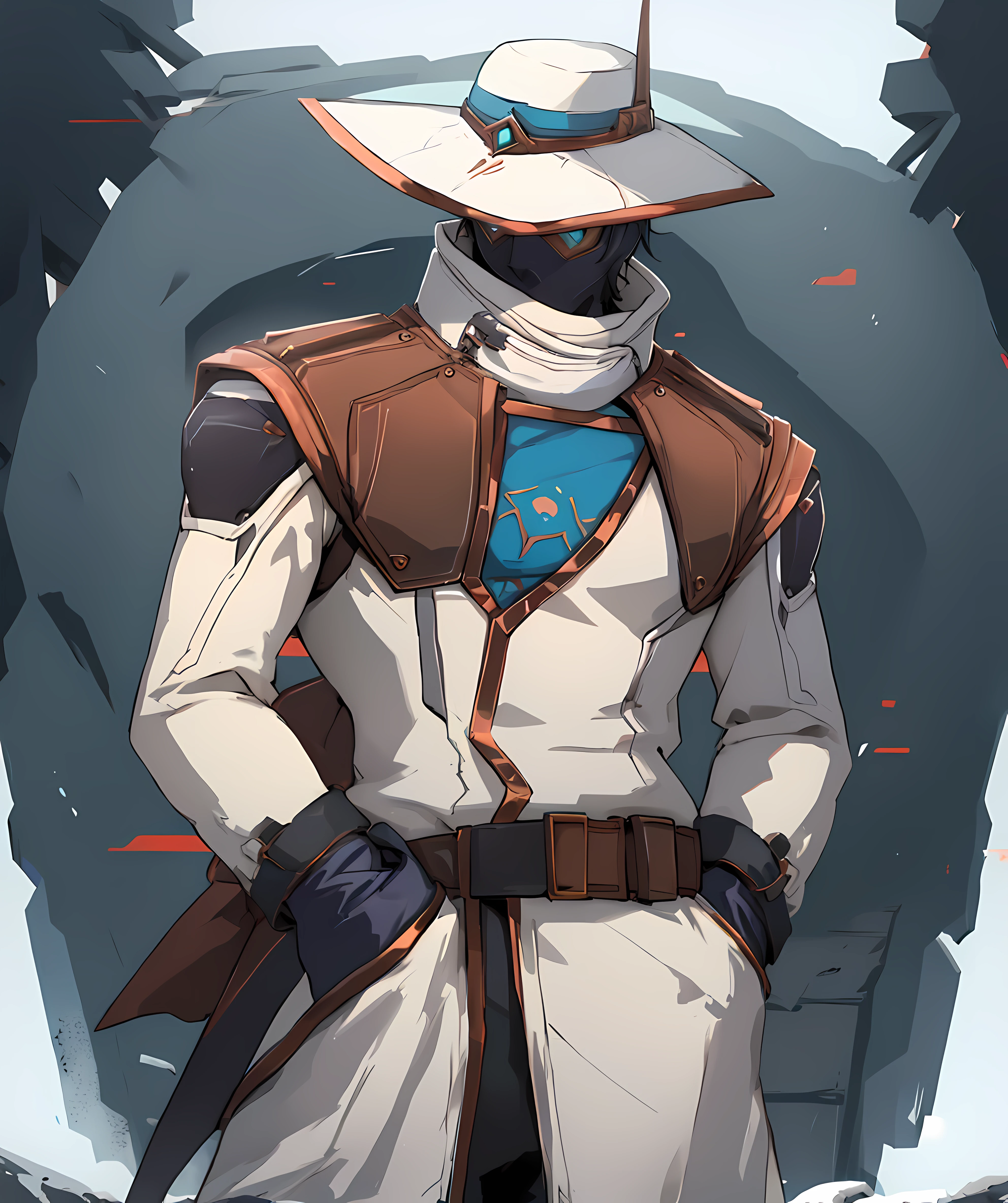 cypher_valorant, looking at viewer, winter, hand on pockets, hat <lora:Cypher:0.85>